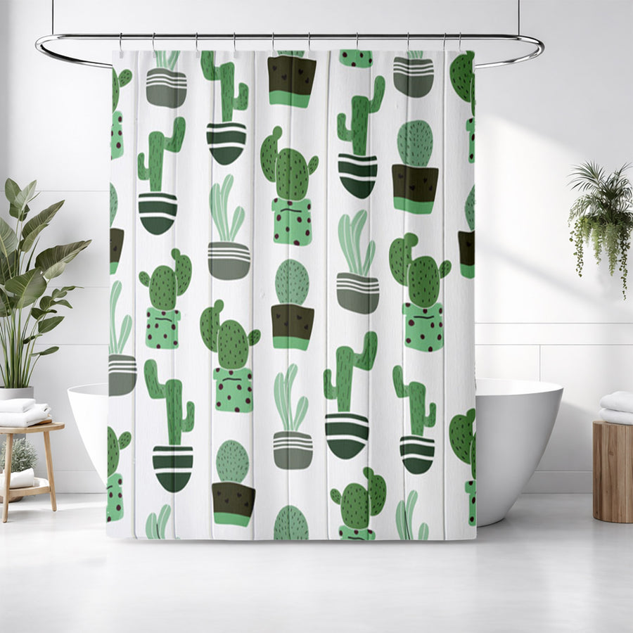 Green Potted Cactus Botanical Pattern Shower Curtain