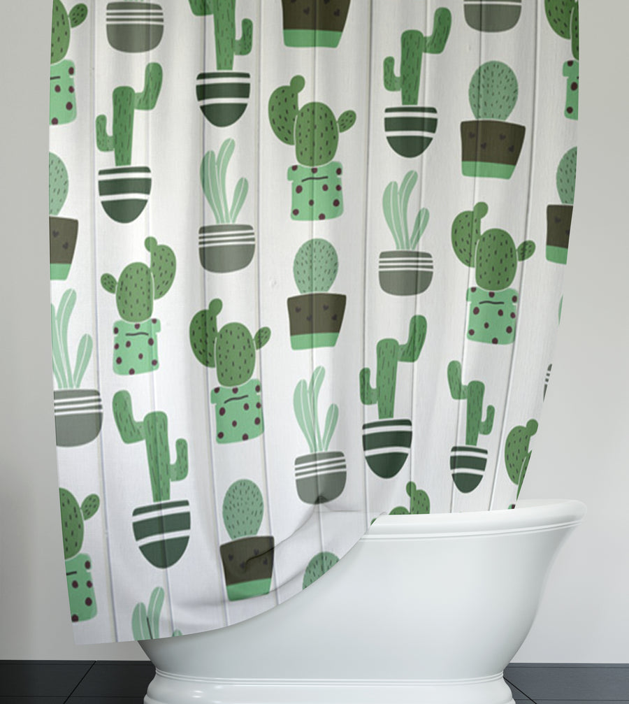 Green Potted Cactus Botanical Pattern Shower Curtain