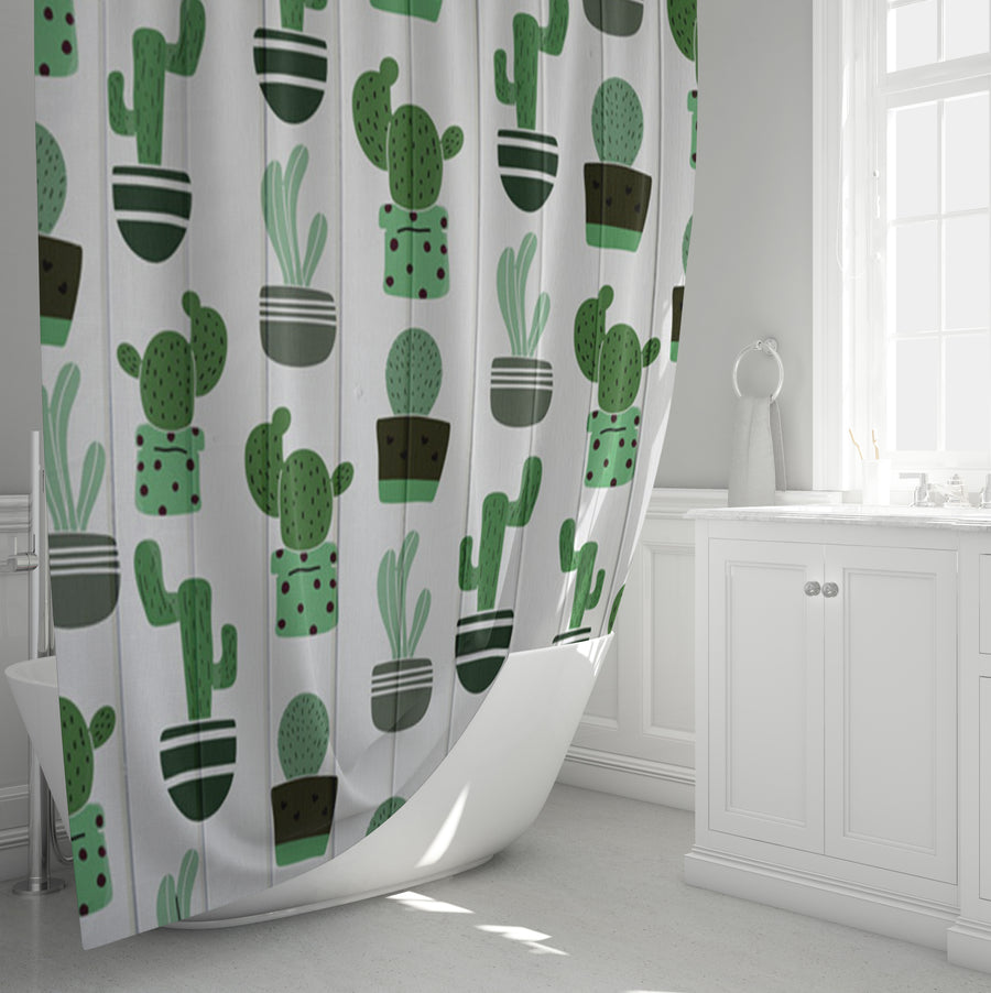 Green Potted Cactus Botanical Pattern Shower Curtain