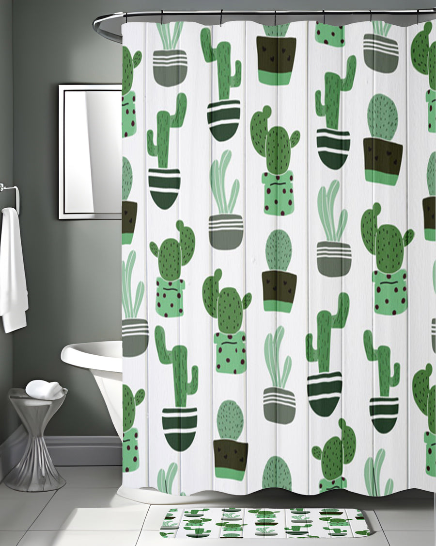 Green Potted Cactus Botanical Pattern Shower Curtain
