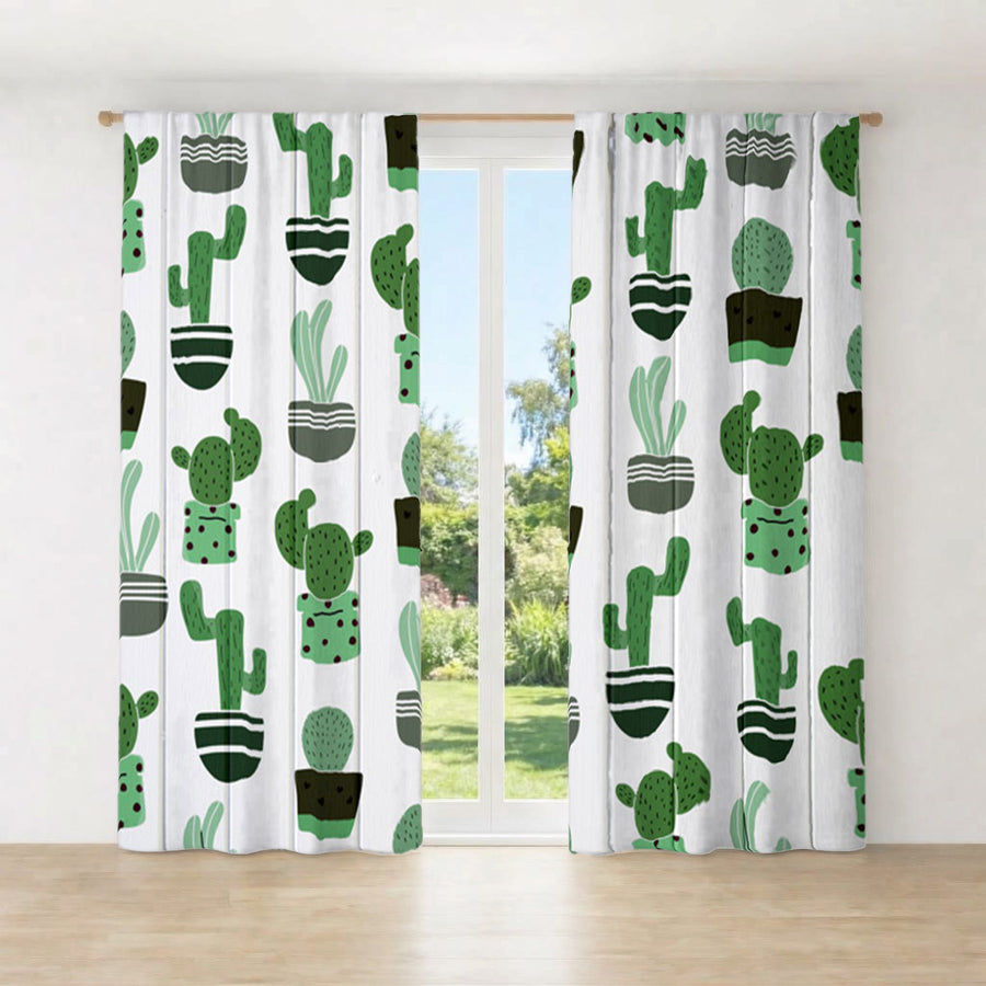 Green Potted Cactus Botanical Pattern Window Curtains