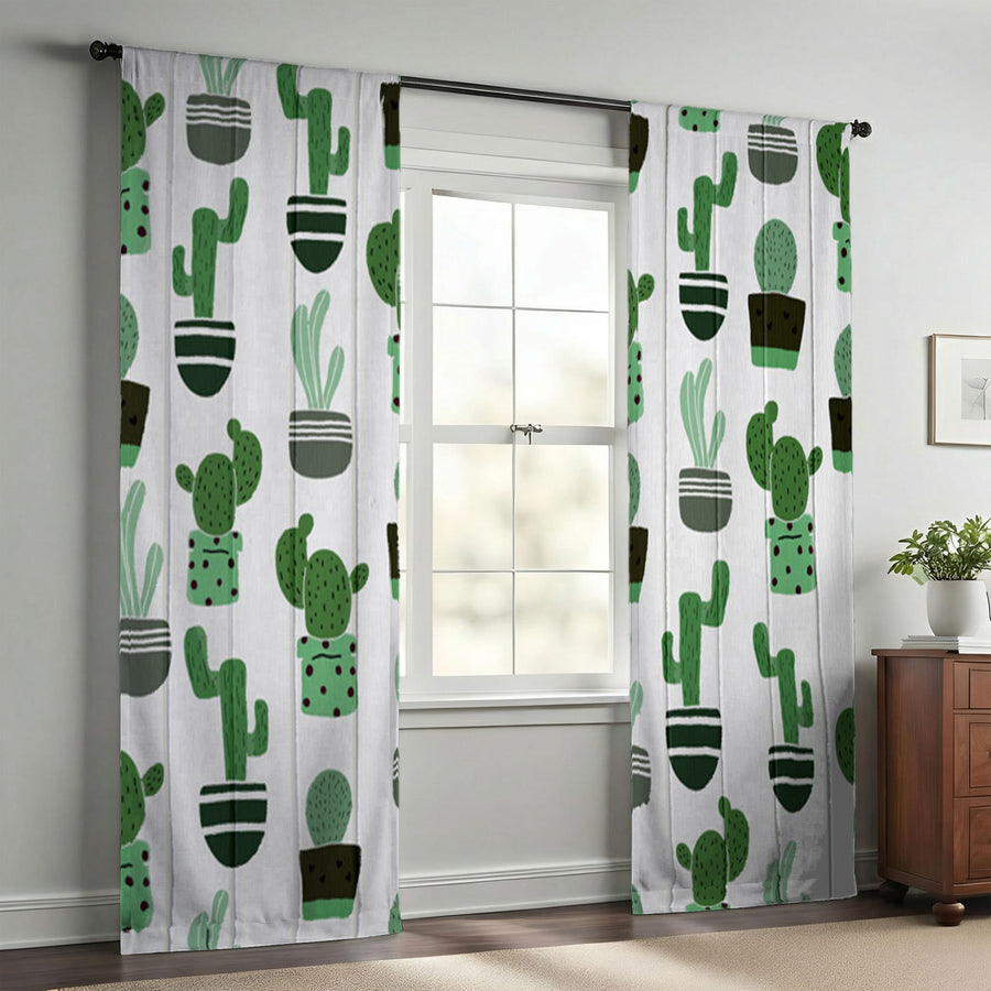 Green Potted Cactus Botanical Pattern Window Curtains
