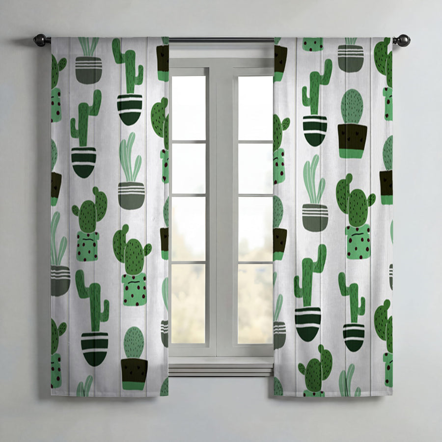Green Potted Cactus Botanical Pattern Window Curtains