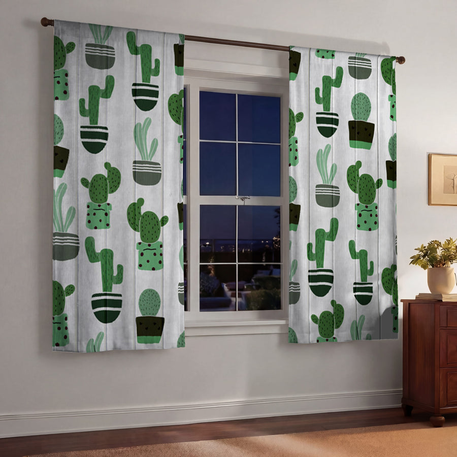 Green Potted Cactus Botanical Pattern Window Curtains