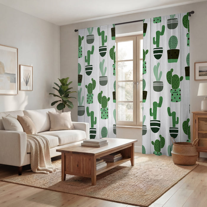 Green Potted Cactus Botanical Pattern Window Curtains