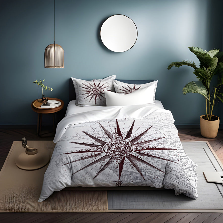 Brown Compass Star Nautical Illustration Duvet Cover
