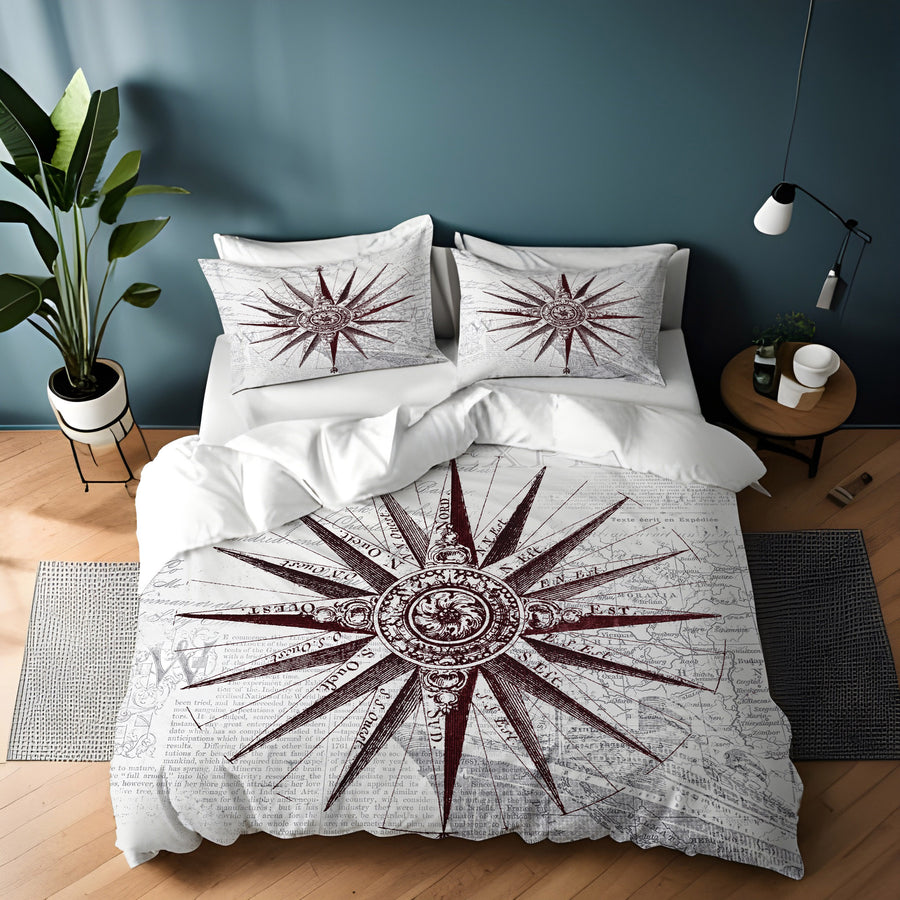 Brown Compass Star Nautical Illustration Duvet Cover