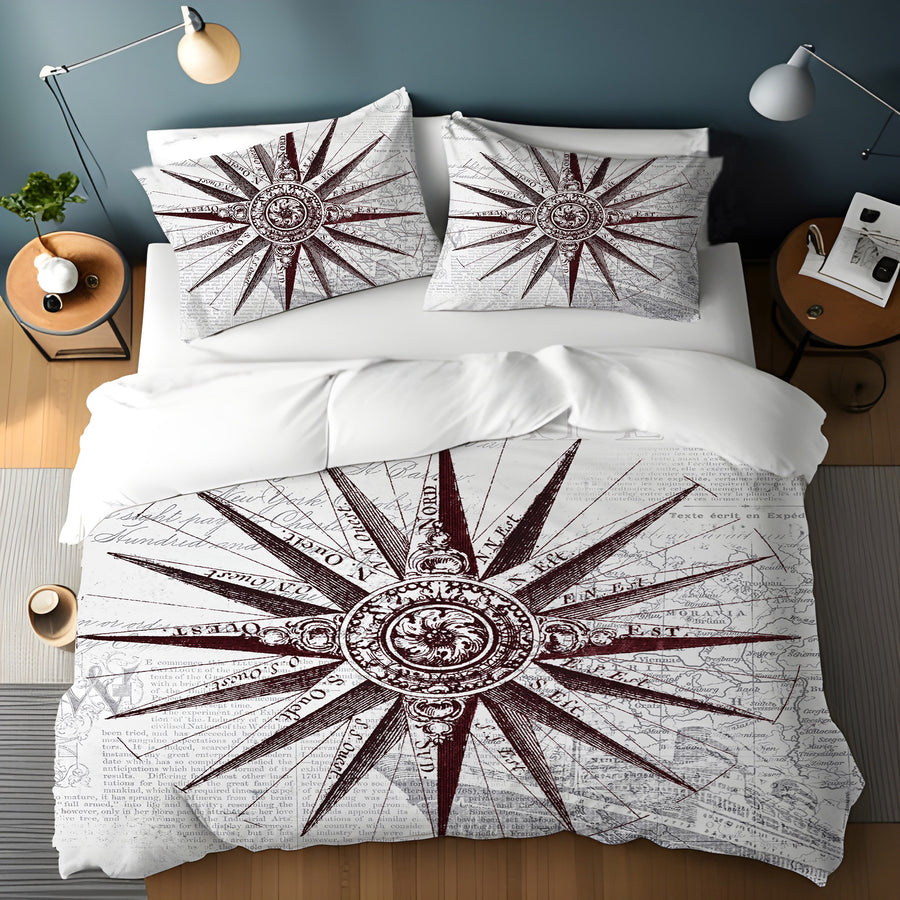 Brown Compass Star Nautical Illustration Duvet Cover