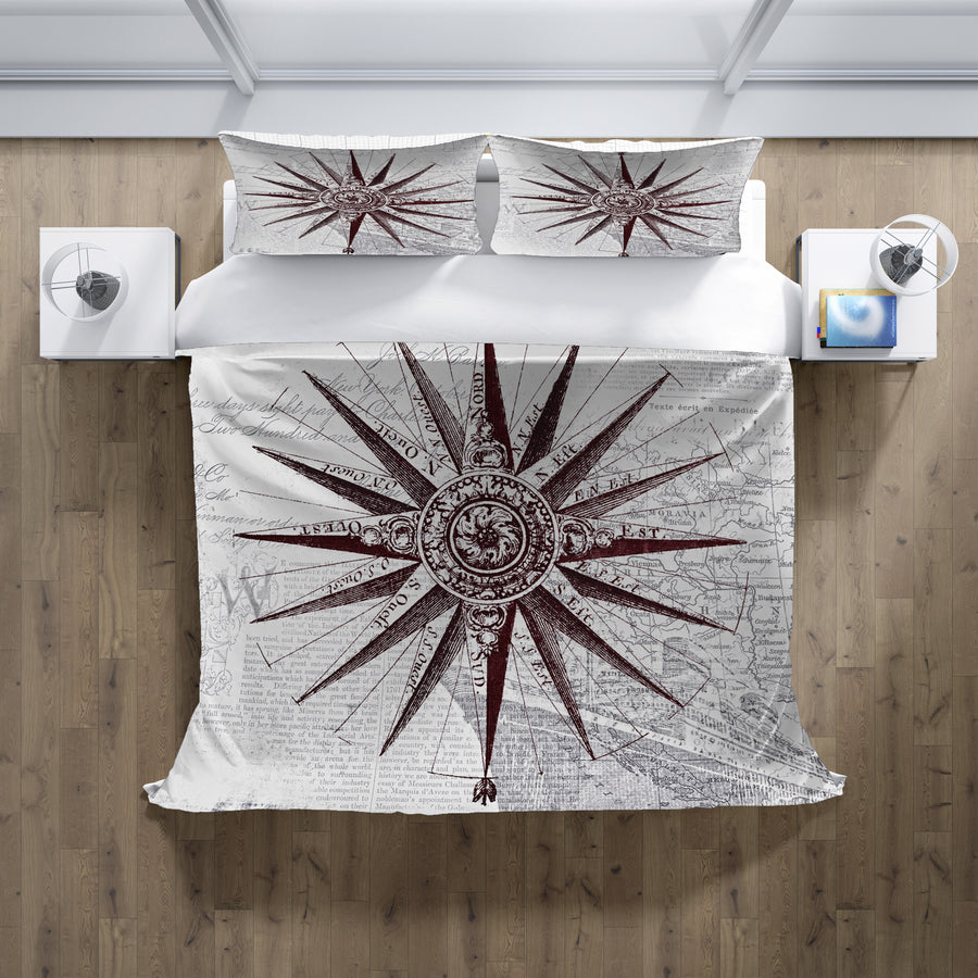 Brown Compass Star Nautical Illustration Duvet Cover