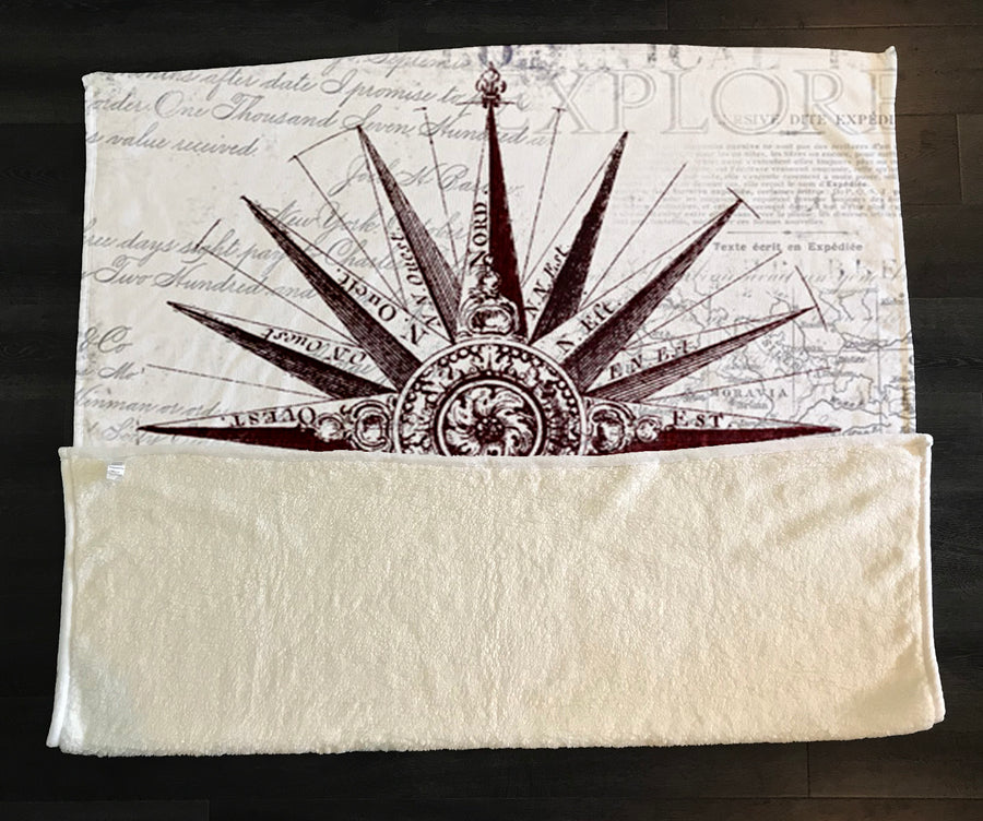 Brown Compass Star Nautical Illustration Fleece Sherpa Blanket