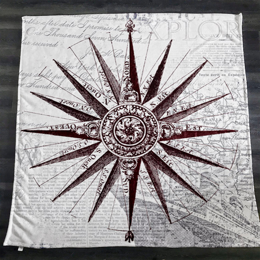 Brown Compass Star Nautical Illustration Fleece Sherpa Blanket