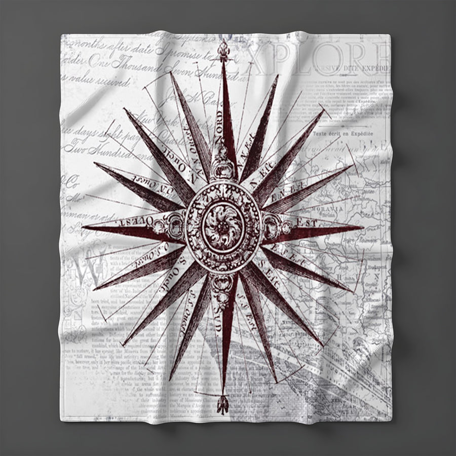 Brown Compass Star Nautical Illustration Fleece Sherpa Blanket
