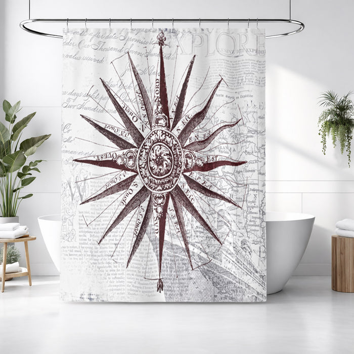 Brown Compass Star Nautical Illustration Shower Curtain