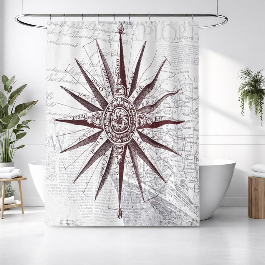 Brown Compass Star Nautical Illustration Shower Curtain