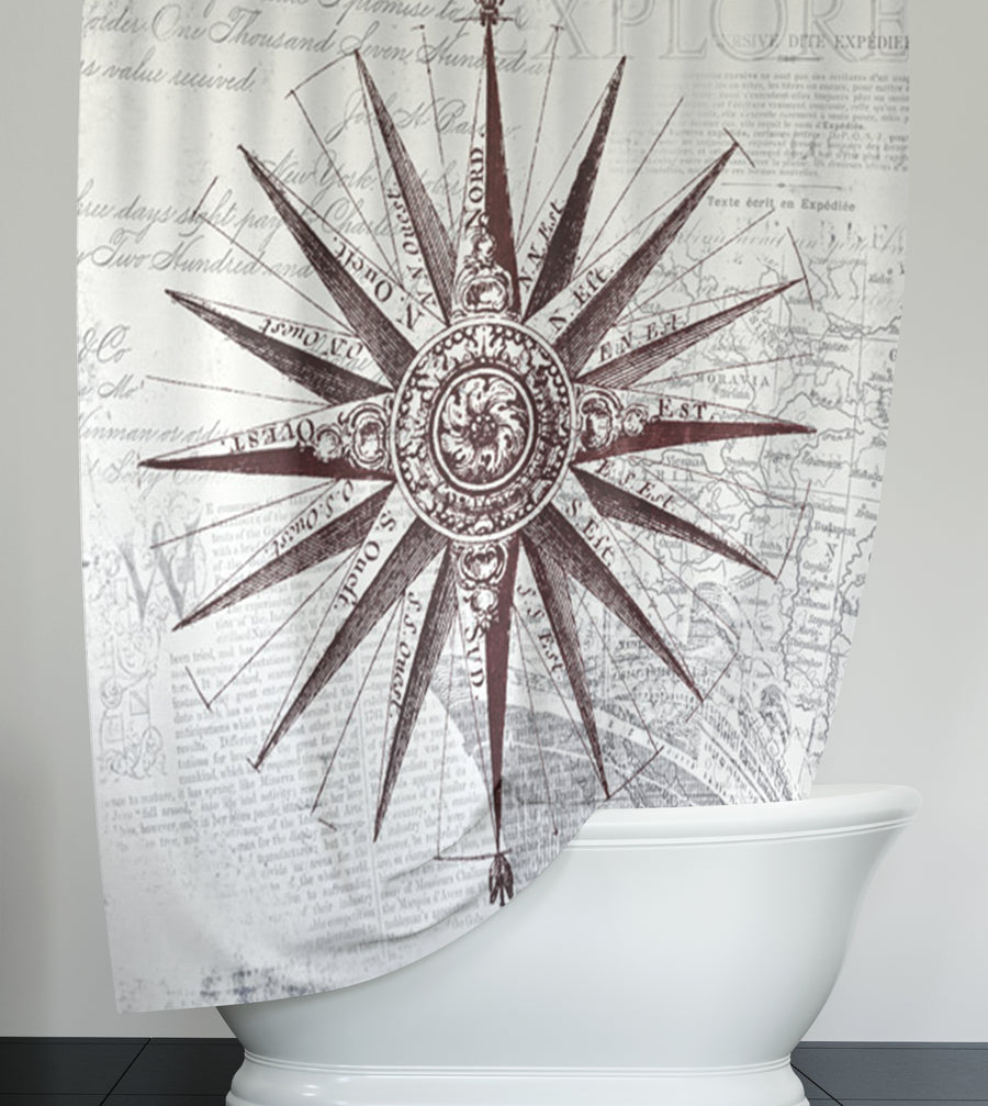 Brown Compass Star Nautical Illustration Shower Curtain