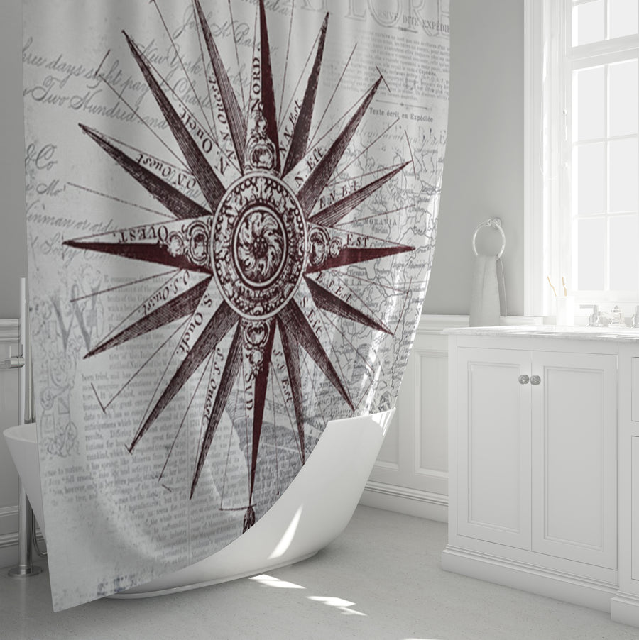 Brown Compass Star Nautical Illustration Shower Curtain