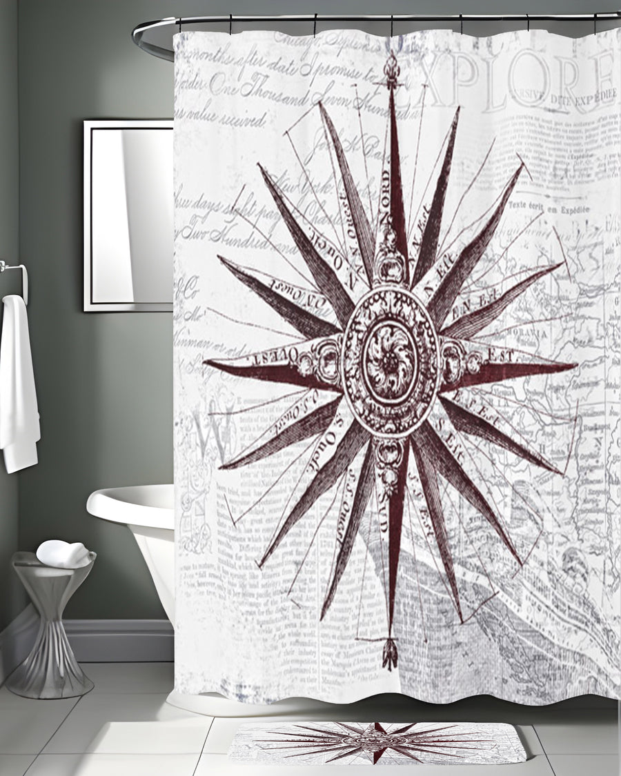 Brown Compass Star Nautical Illustration Shower Curtain