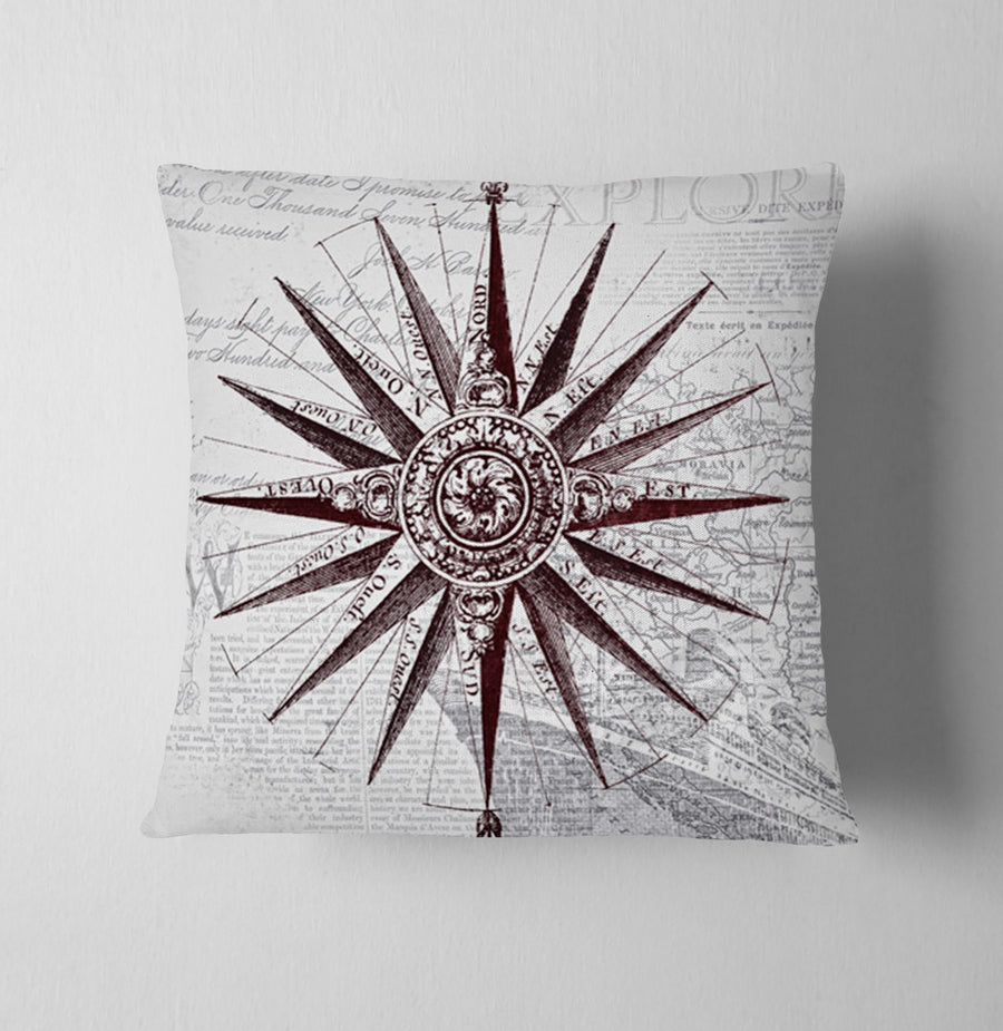 Brown Compass Star Nautical Illustration Throw Pillow Cover