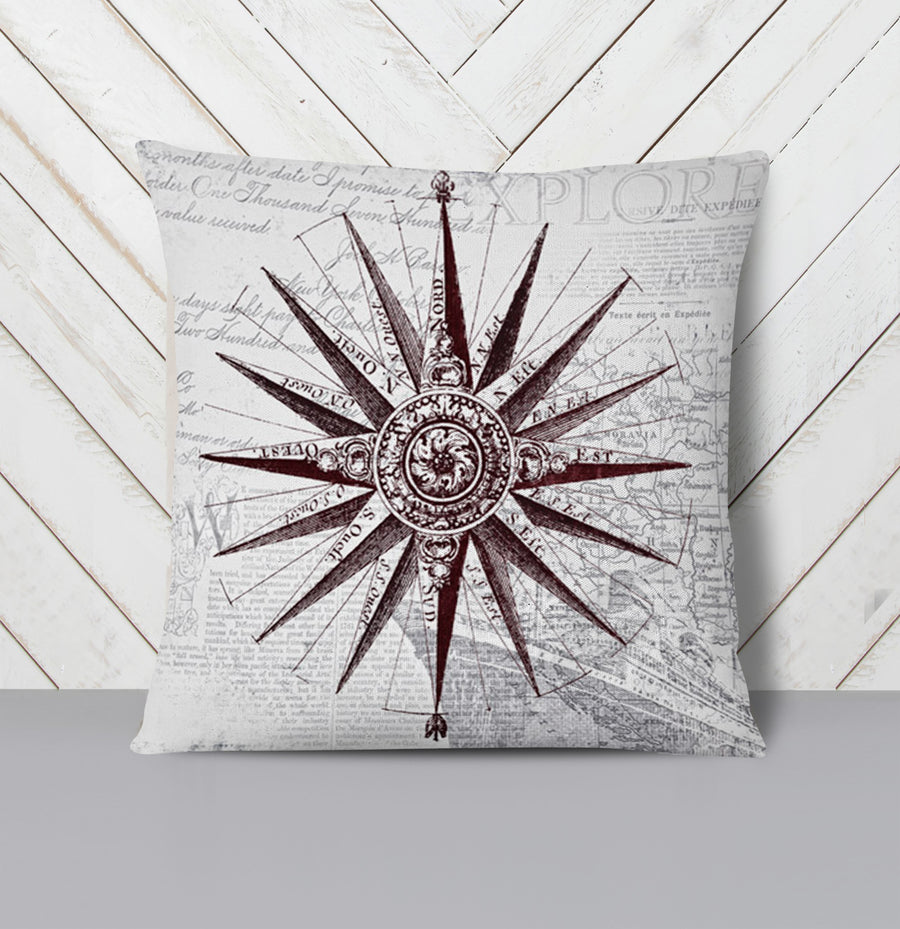 Brown Compass Star Nautical Illustration Throw Pillow Cover