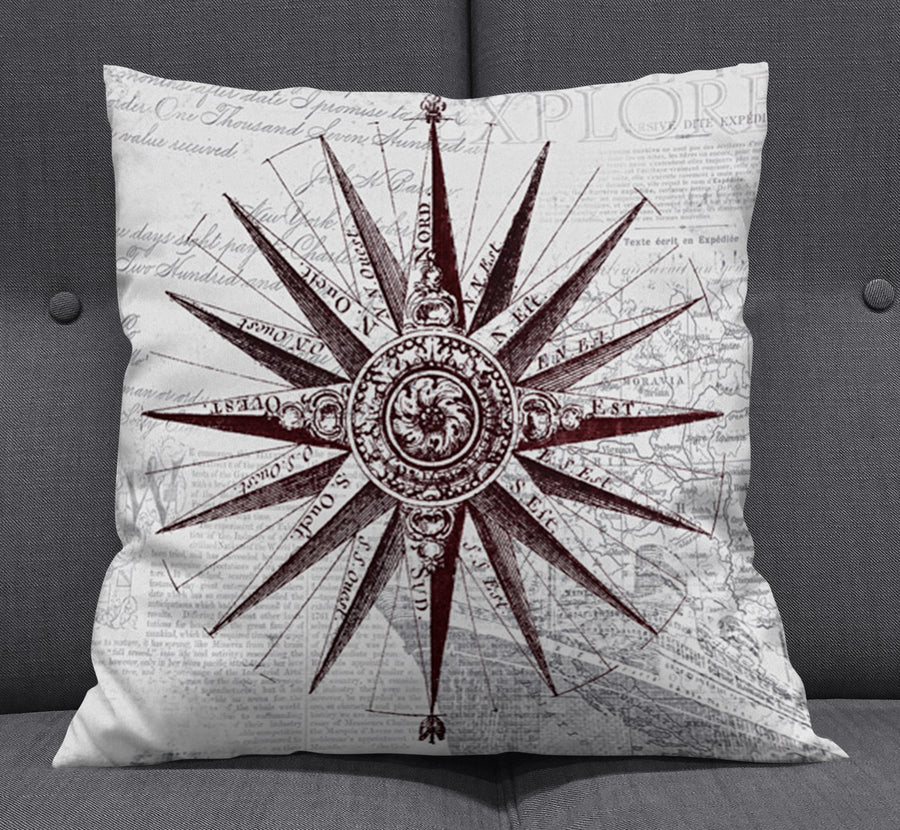 Brown Compass Star Nautical Illustration Throw Pillow Cover