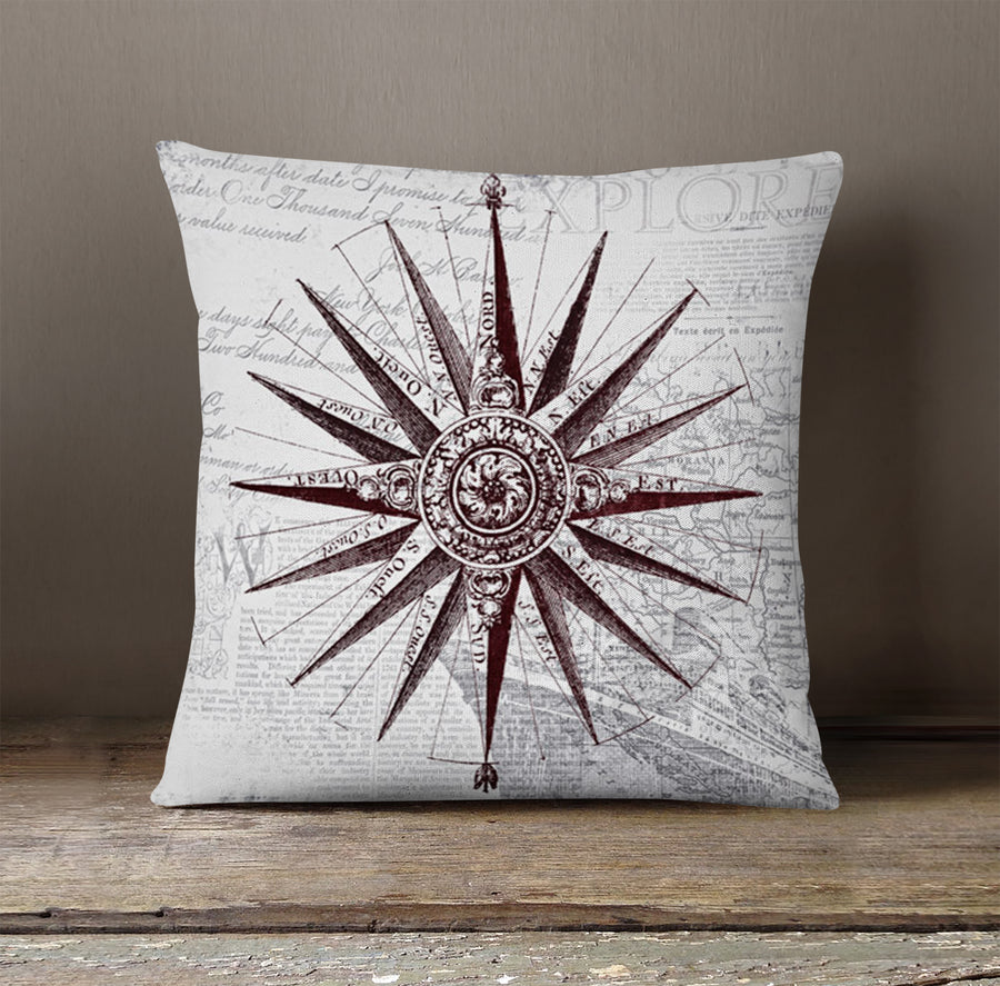 Brown Compass Star Nautical Illustration Throw Pillow Cover