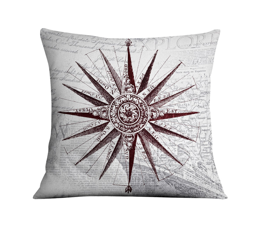 Brown Compass Star Nautical Illustration Throw Pillow Cover