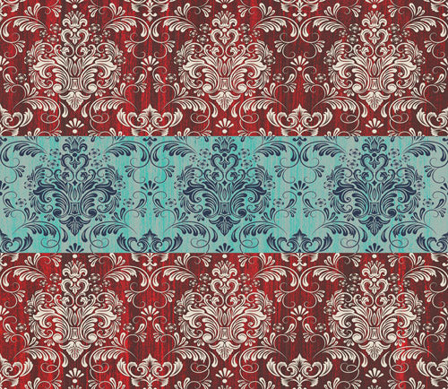 Red and Teal Ornamental Damask Stripe Pattern