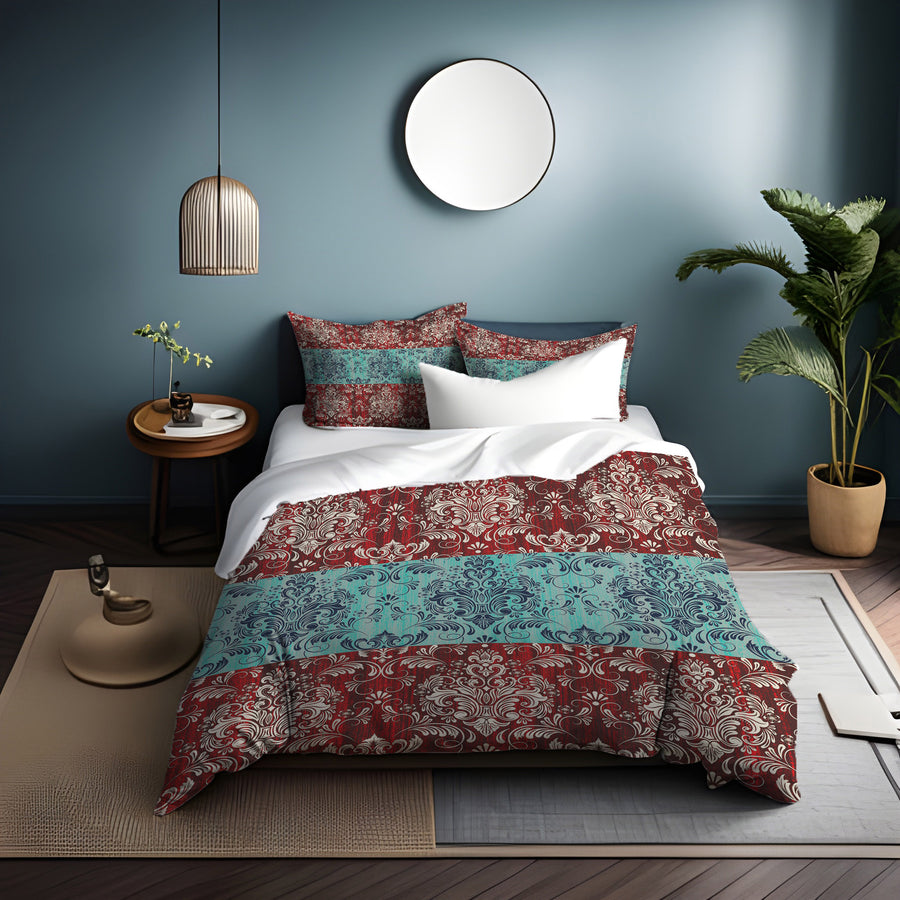 Red and Teal Ornamental Damask Stripe Pattern Duvet Cover