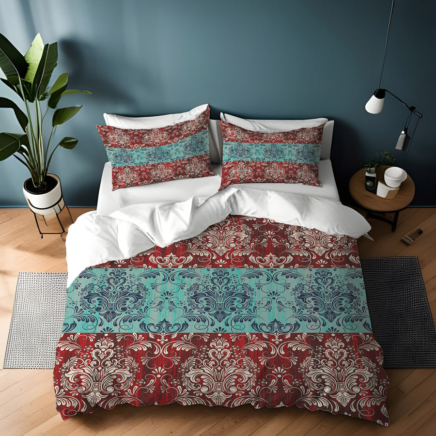 Red and Teal Ornamental Damask Stripe Pattern Duvet Cover