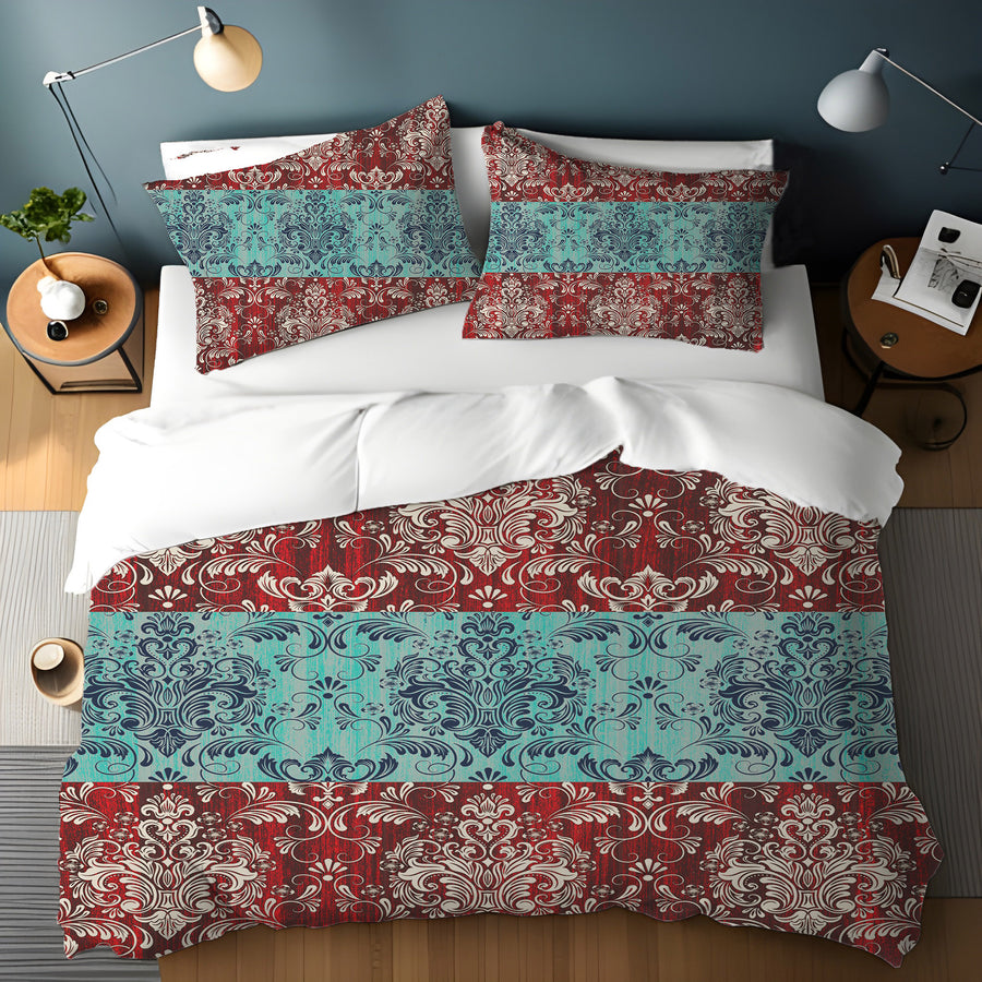 Red and Teal Ornamental Damask Stripe Pattern Duvet Cover