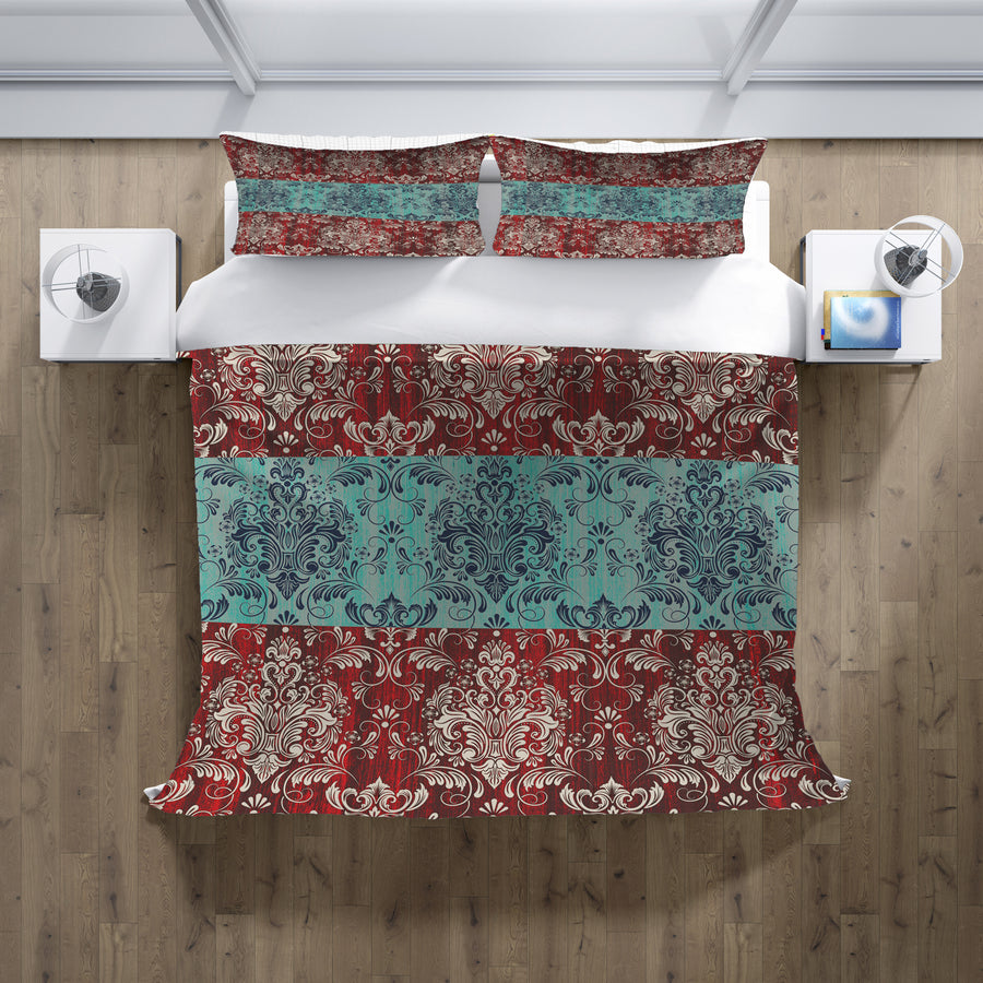 Red and Teal Ornamental Damask Stripe Pattern Duvet Cover