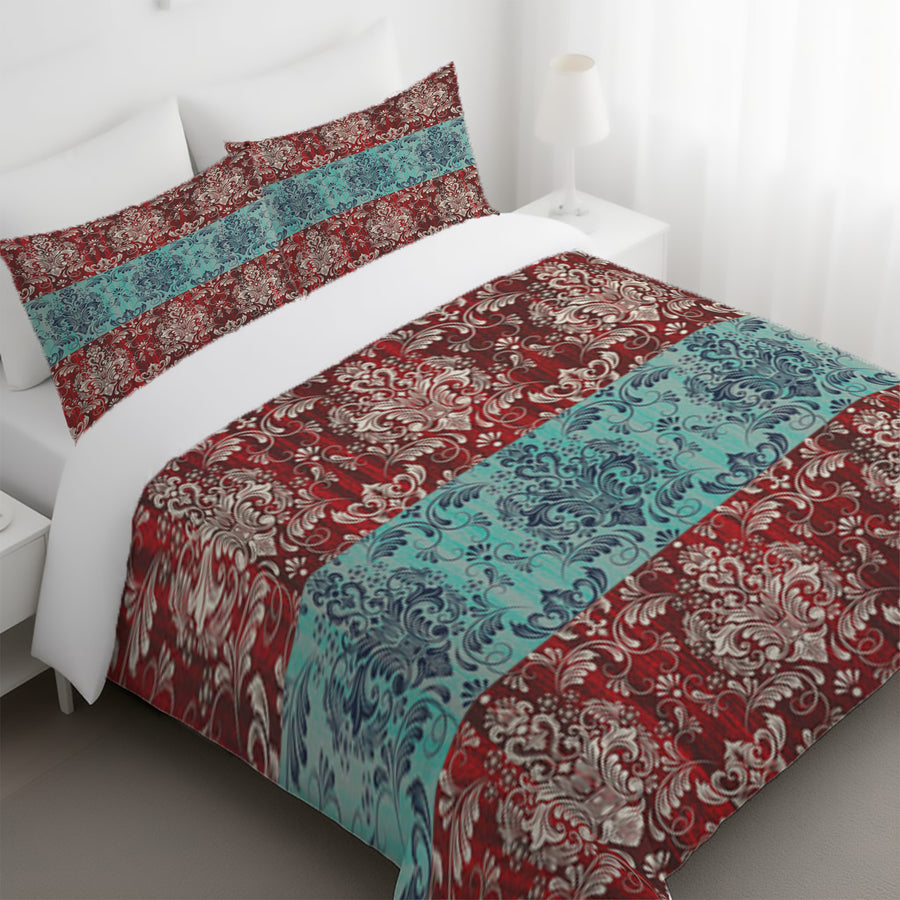 Red and Teal Ornamental Damask Stripe Pattern Duvet Cover