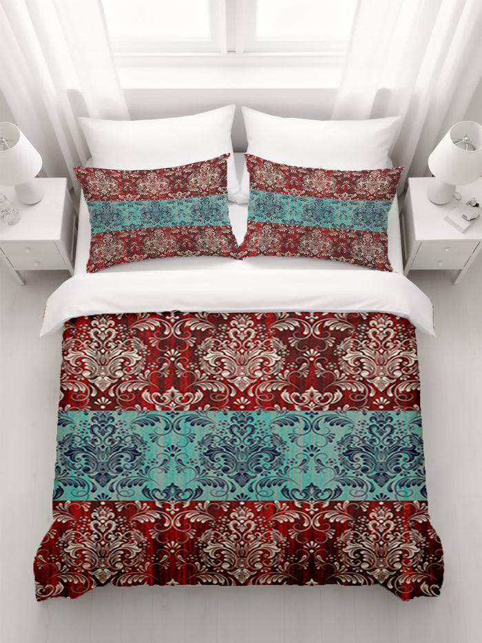 Red and Teal Ornamental Damask Stripe Pattern Duvet Cover