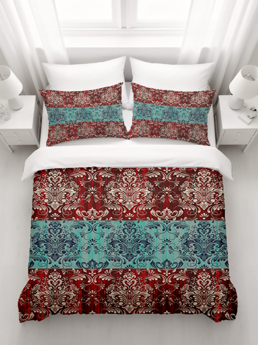 Red and Teal Ornamental Damask Stripe Pattern Duvet Cover