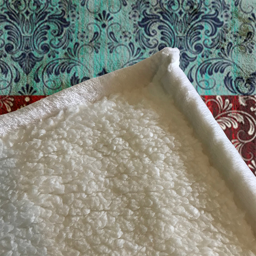 Red and Teal Ornamental Damask Stripe Pattern Fleece Sherpa Blanket