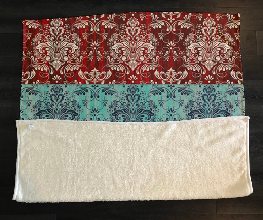 Red and Teal Ornamental Damask Stripe Pattern Fleece Sherpa Blanket