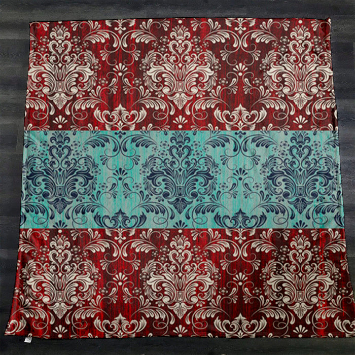 Red and Teal Ornamental Damask Stripe Pattern Fleece Sherpa Blanket