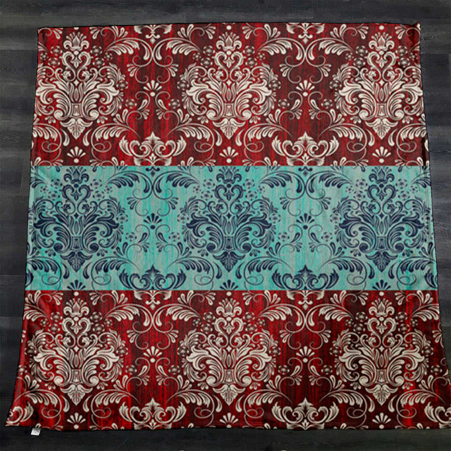 Red and Teal Ornamental Damask Stripe Pattern Fleece Sherpa Blanket