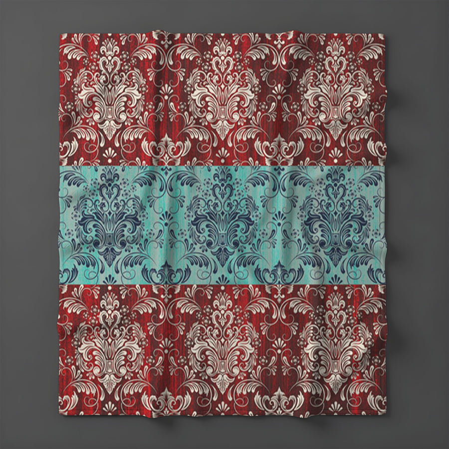 Red and Teal Ornamental Damask Stripe Pattern Fleece Sherpa Blanket