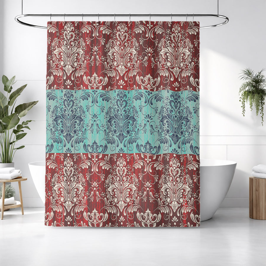 Red and Teal Ornamental Damask Stripe Pattern Shower Curtain