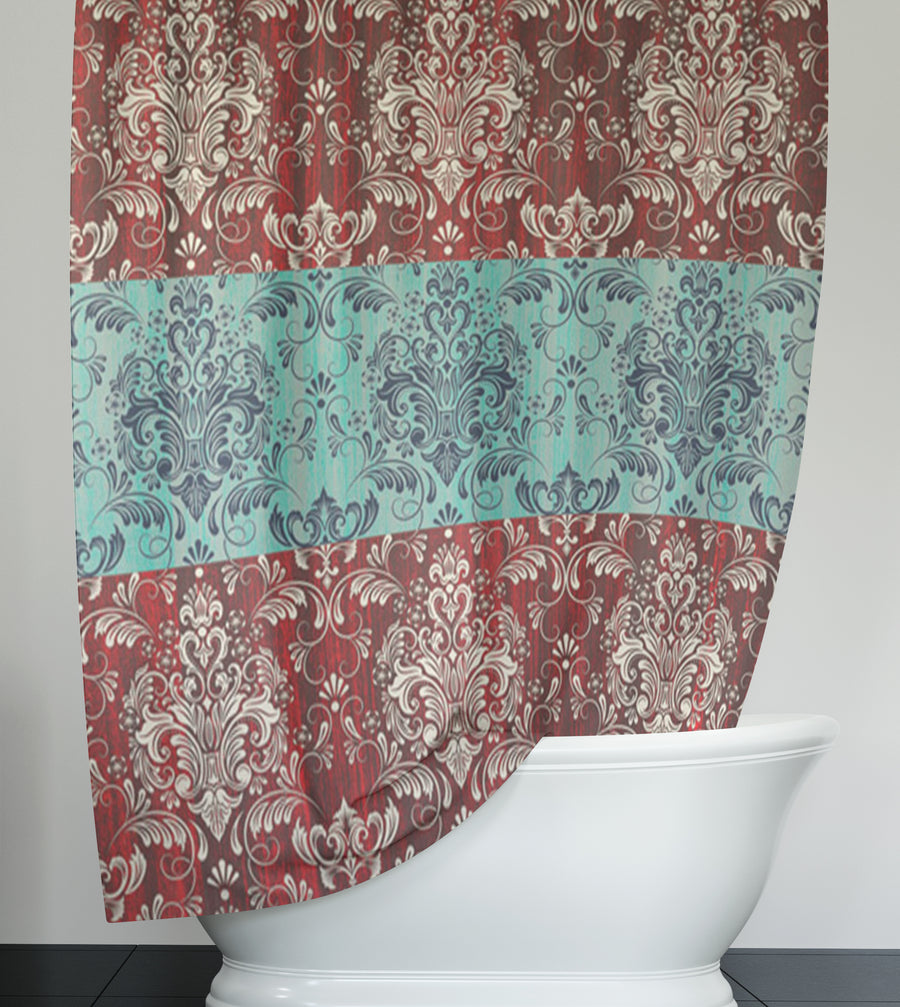 Red and Teal Ornamental Damask Stripe Pattern Shower Curtain