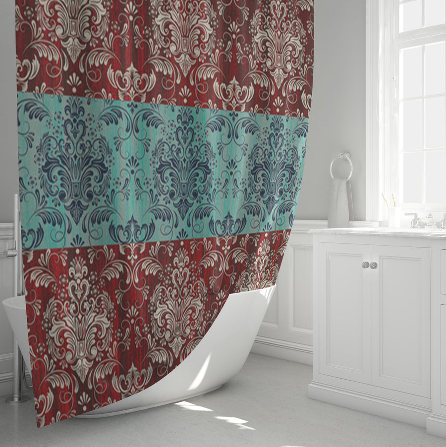 Red and Teal Ornamental Damask Stripe Pattern Shower Curtain