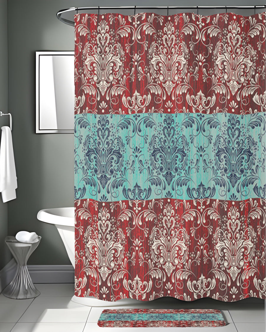 Red and Teal Ornamental Damask Stripe Pattern Shower Curtain