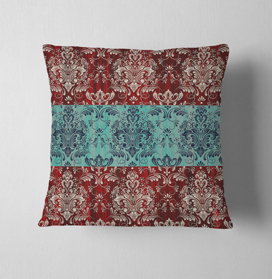 Red and Teal Ornamental Damask Stripe Pattern Throw Pillow Cover