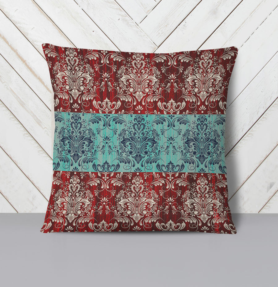 Red and Teal Ornamental Damask Stripe Pattern Throw Pillow Cover