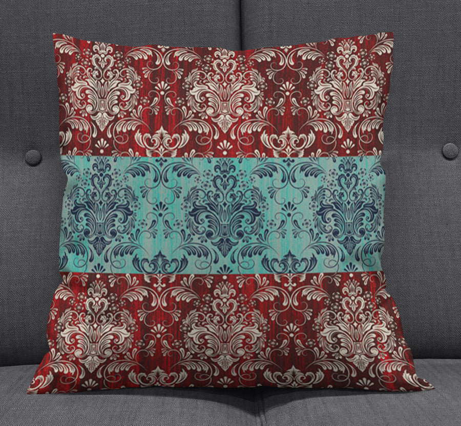 Red and Teal Ornamental Damask Stripe Pattern Throw Pillow Cover