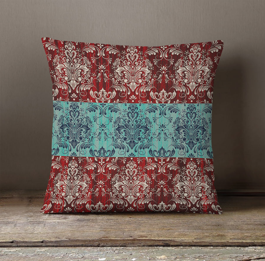 Red and Teal Ornamental Damask Stripe Pattern Throw Pillow Cover