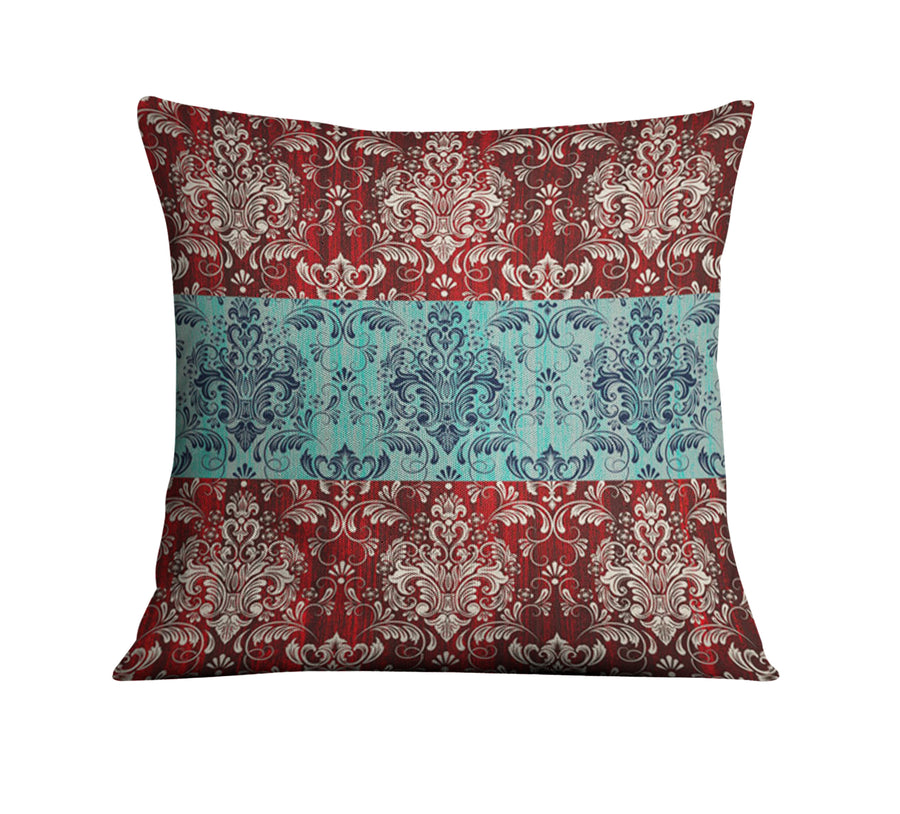Red and Teal Ornamental Damask Stripe Pattern Throw Pillow Cover