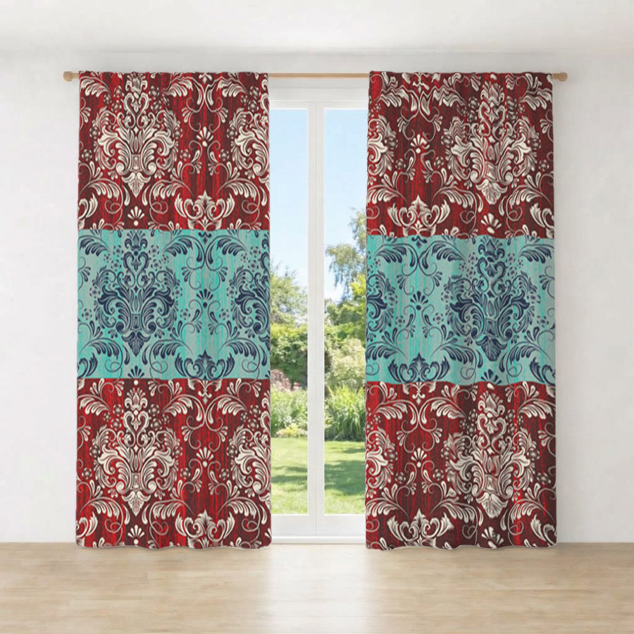 Red and Teal Ornamental Damask Stripe Pattern Window Curtains