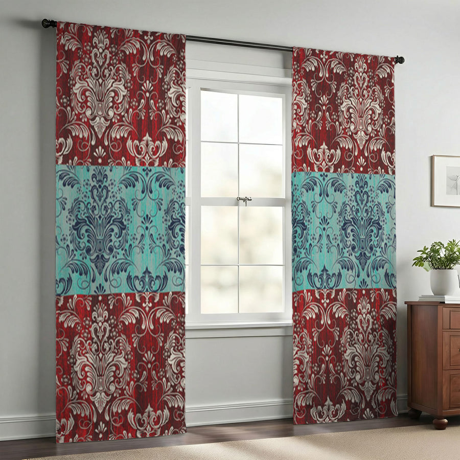 Red and Teal Ornamental Damask Stripe Pattern Window Curtains